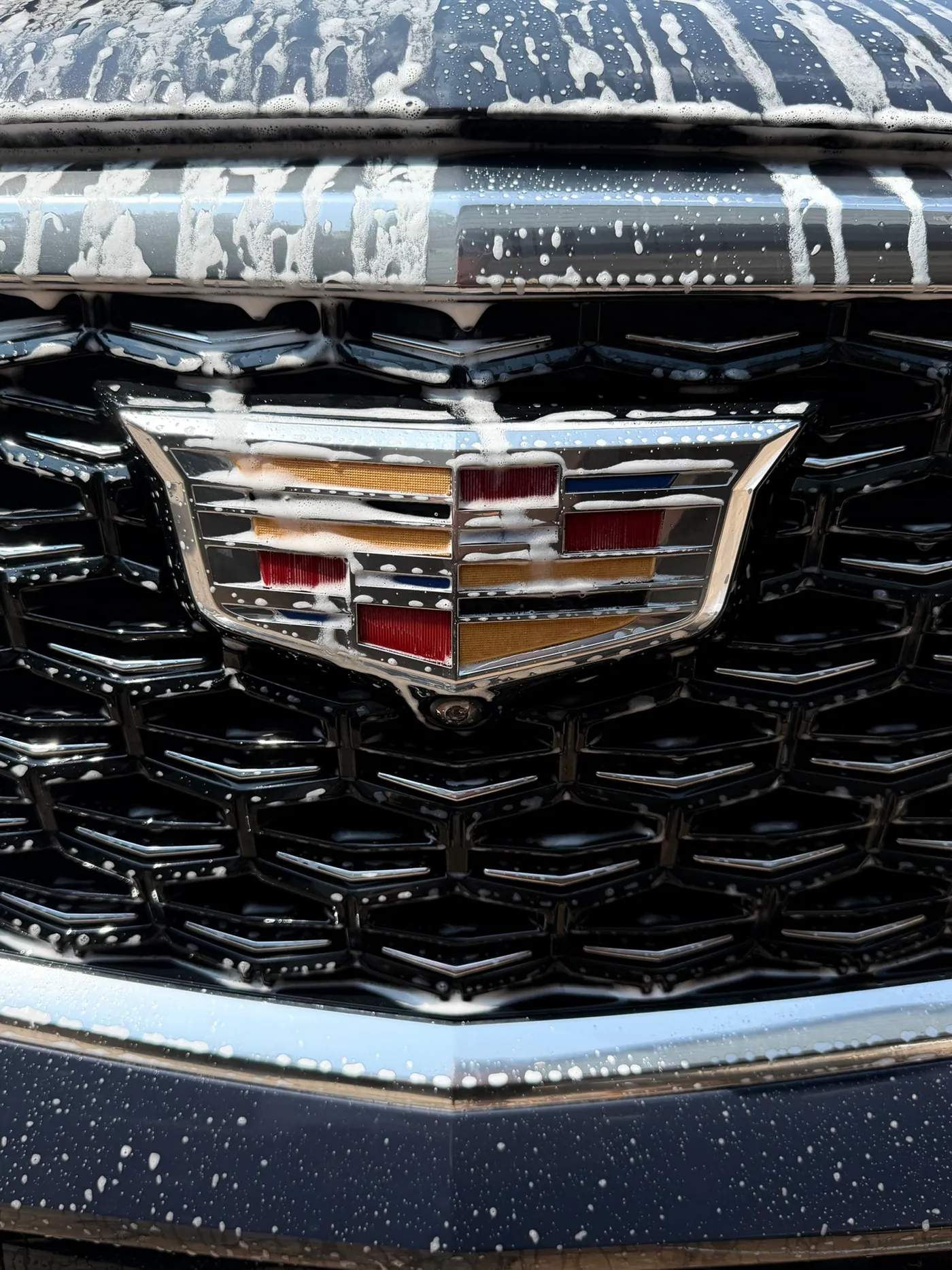 Close-up of a Cadillac emblem with soap suds